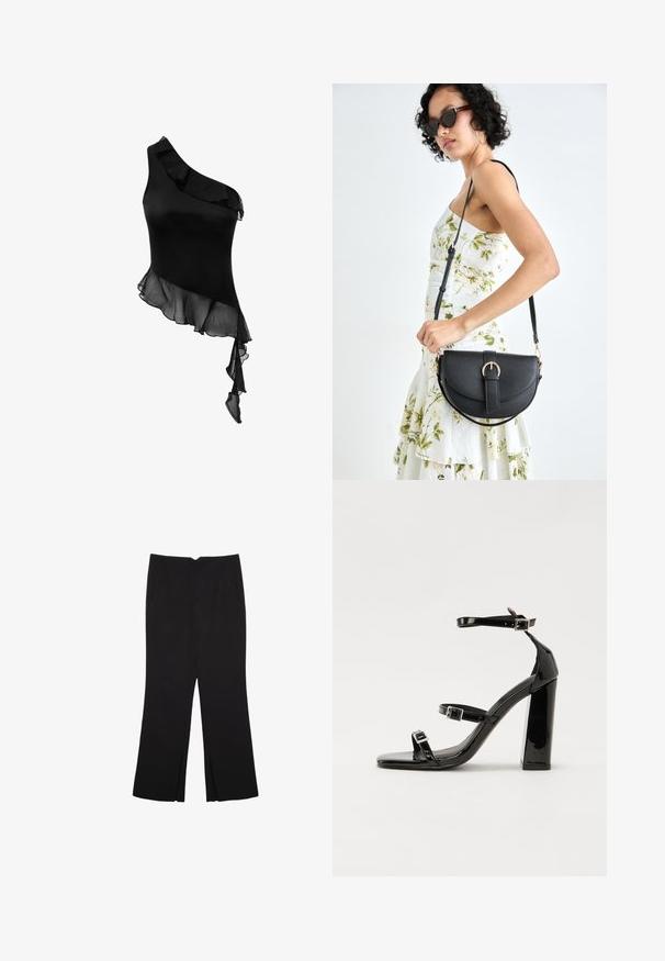 Sort one-shoulder top med en glat satin overflade og gennemsigtigt, voluminøst bunddetalje, der har et asymmetrisk design for en elegant flair.; Sorte bukser med lige pasform, der har frontlommer og slidser i kanten. Lavet af blødt, glat stof. Velegnet til forskellige anledninger.; Sorte patenterede hælsandaler med firkantet tå, ankelremme og sølvspænder. Har en chunky blokHæl for stabilitet.; Sort læderhåndtaske med en buet form, aftagelig rem og guldfinish. Tasken har en klap med en spænde detalje.