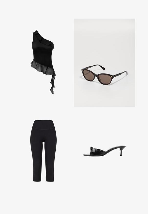 Schwarzes einseitiges Oberteil mit glattem Satinfinish und transparentem, gerafftem Saumdetail, das ein asymmetrisches Design für einen eleganten Flair aufweist.; Schwarze 3/4-Leggings aus dehnbarem Material mit hohem Taillenbund und ohne sichtbare Muster oder Hardware.; Schwarze Leder-Pantoletten ohne Ferse mit einer Schleifenakzentuierung, offener Zehenpartie und einem schlanken, hohen Absatz. Glatte Textur und minimalistisches Design.; Schildpatt-Sonnenbrille mit braunen Gläsern, kantigem Design und goldenen Akzenten am Rahmen. Glattes Kunststoffmaterial.; Schwarze Handtasche aus Leder mit einem gerafften Design, kurzen, abgerundeten Griffen und einem abnehmbaren Schultergurt. Glatte Textur mit einer weichen Silhouette.