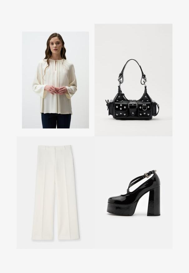 Crème blouse met een ronde halslijn en een sleutelgatdetail, voorzien van lange, brede mouwen en een zachte, vloeiende textuur. Gecombineerd met donkere broek.; Wijd geplooide broek van licht crèmekleurige stof, met een gladde textuur, voorkeursplooien en twee zijkanten. Op maat gemaakte tailleband.; The Kooples CHAUSSURES - Hoge hakken - black; Zwarte lederen handtas met een gebogen ontwerp, voorzien van zilveren studs, een gesp en twee zijvakken. Verstelbare schouderband voor verschillende draagmogelijkheden.