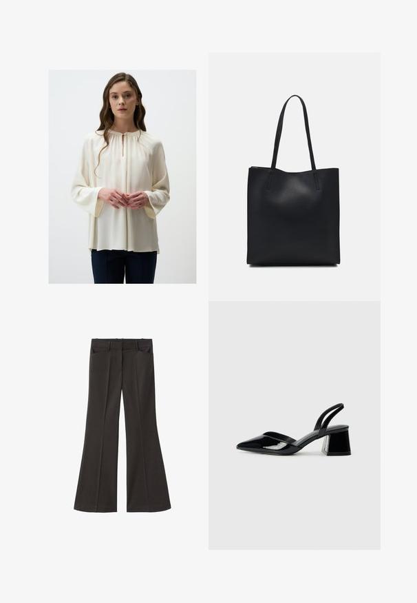Blouse crème avec un col rond et un détail en fente, dotée de longues manches larges et d'une texture douce et fluide. Associée à un pantalon sombre.; Pantalons évasés noirs à taille haute ; dotés de deux poches avant et d'une texture de tissu lisse. Adaptés à diverses occasions.; Escarpins en cuir verni noir avec bout pointu et talon bloc géométrique. Présente un design élégant et minimaliste ainsi qu'une texture lisse.; Sac fourre-tout en cuir noir avec une texture lisse, de forme rectangulaire et deux longues poignées. Pas de matériel ou d'ornementations visibles.