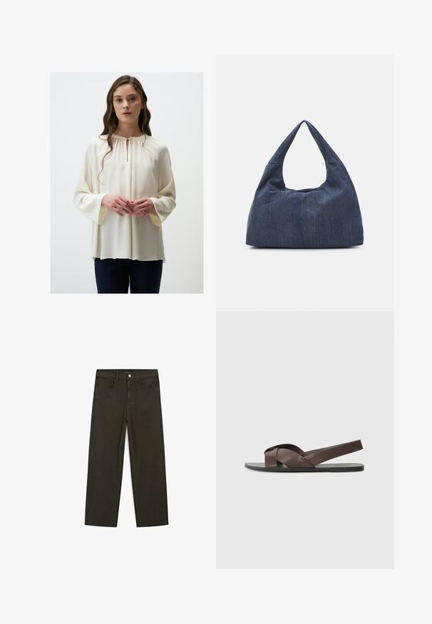 Cremfarbene Bluse mit rundem Ausschnitt und Schlüssel being Detail, ausgestattet mit langen, weiten Ärmeln und einer weichen, fließenden Textur. Kombiniert mit dunklen Hosen.; Dunkelgrüne Jeans im weit geschnittenen Style, hergestellt aus einem Baumwollgemisch. Sie verfügen über einen Frontknopfverschluss, fünf Taschen und klassische Denim-Nähte.; Braune Ledersandale mit einem Kreuzriemen-Design, flacher schwarzer Sohle und verstellbarem Rückriemen. Glatte Textur und minimale Hardware-Details.; Dunkelblaue Denim-Tasche mit einer weichen, lässigen Form, ausgestattet mit einem Hobo-Stil Griff und einer strukturierten Oberfläche. Keine sichtbaren Hardware-Elemente.