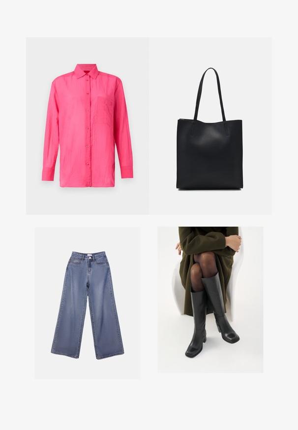 Long-sleeve, button-up shirt in bright pink, made from lightweight material. Features a chest pocket and textured fabric finish.; Wide-leg denim jeans in a light blue wash, featuring a high waist, front pockets, and a button closure with belt loops.; Knee-high black leather boots with a squared toe and block heel, shown with a model seated in an olive green coat. Smooth texture, minimal detailing.; Black leather tote bag with smooth texture, rectangular shape, and two long handles. No visible hardware or embellishments.