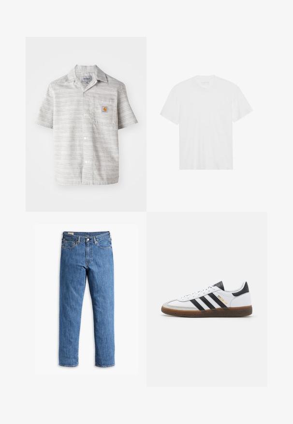 Kortærmet skjorte i lys grå med lodrette striber, knappelukning foran og en brystlomme med et lille orange logo. Fabrik i bomuldsblanding.; Hvid bomulds T-shirt med korte ærmer, rund halsudskæring og lige kant. Glat tekstur, minimalistisk design uden mønstre eller accenter.; Blå denimjeans med lige ben, kobbernitter og fem-lomme design. Har en syet kant og et klassisk taljebånd med bæltestropper.; Hvide lædersneakers med sorte suedekanter, tre sorte striber, beige gummisål og guld "SPEZIAL" branding på siden.
