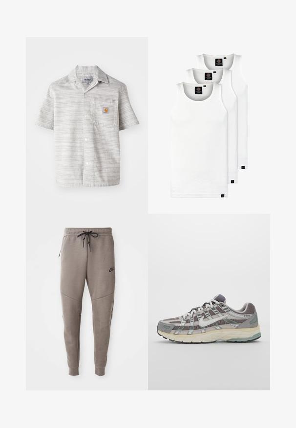 Camicetta a maniche corte di colore grigio chiaro con righe verticali, chiusura a bottoni e tasca sul petto con un piccolo logo arancione. Tessuto misto cotone.; Tre canotte bianche a coste in cotone. Presentano un colletto rotondo e piccole etichette nere vicino all'orlo. Disponibile in diverse taglie.; Pantaloni sportivi Nike grigi con cintura regolabile, gambe affusolate, tasche laterali e dettagli di cucitura distintivi. Tessuto morbido e texture.; Scarpa sportiva grigia con tomaia in mesh e suede, dettagli bianchi, suola ammortizzata e un design distintivo con elementi riflettenti.