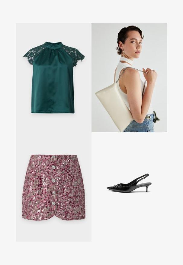 Zelená saténová blůza s stojáčkovým límcem, zdobená krajkovými krátkými rukávy a skladaným předním dílem. Hladká textura s detailními krajkovými akcenty.; Růžová sukně s flitry a texturovaným tkaním, má přiléhavý střih a pět stříbrných knoflíků vpředu. Tvarovaný lem a třpytivé akcenty.; Černé kožené lodičky na slingback s špičatou špičkou, malým podpatkem typu kitten a ozdobným uzlem na přední straně. Hladký povrch po celém obvodu.; Bílá obdélníková psaníčko vyrobené z lesklého materiálu, se stříbrným řetízkovým popruhem. Modelka pózuje a předvádí tašku na jednobarevném pozadí.