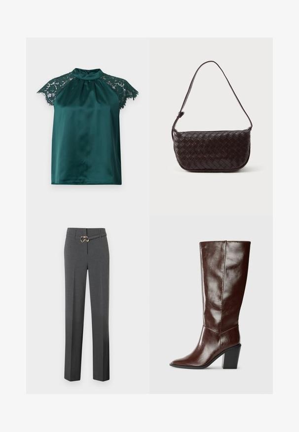 Zelena satenasta bluzica s stojnim ovratnikom, koja ima čipkaste kratke rukave i plisirani prednji deo. Glatka tekstura sa detaljnim čipkastim akcentima.; Temno sivo krojene ženske hlače s ravnimi nogavicami in tankim usklajenim pasom z zlatim okrasnim sponko.; Visok temno rjav usnjen čevelj s koničastim nosom in zloženim blokastim petkom, prikazan s strani na enostavni podlagi.; Tkanina usnjena torba čez ramo v temno rjavi barvi, s ukrivljeno obliko, nastavljivim trakom in gladkim финишом. Kompaktna zasnova brez vidne kovinske opreme.