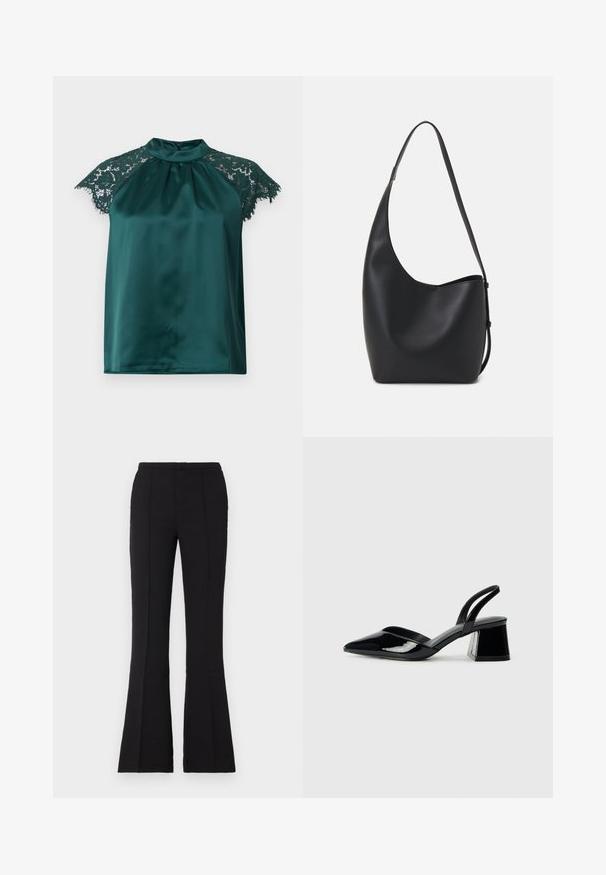 Zöld selyem blúz állógallérral, csipkés ujjal, hajtogatott elejével. Sima textúra részletes csipke díszítésekkel.; Fekete, sima anyagból készült, harang formájú nadrág, amely illeszkedő derékrésszel, elülső varrás részletekkel és enyhe harangászással rendelkezik, amely a térdtől kezdődik.; Fekete lakk bőr szandálkés magas sarkú cipő, hegyes orral és geometrikus tömbsarkakkal. Karcsú, minimalista dizájn és sima textúra jellemzi.; Fekete bőr hobo táska sima textúrával, ívelt formával és egyetlen állítható pánttal; széles nyílás található a tetején.