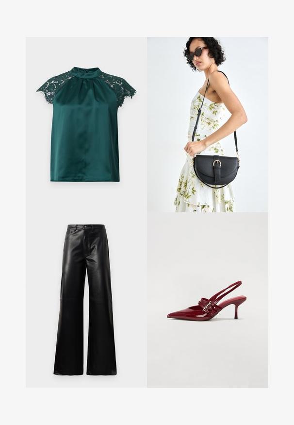 Blusa verde in satin con colletto a camicia, caratterizzata da maniche a cappuccio in pizzo e una parte frontale plissettata. Texture liscia con dettagli in pizzo.; Pantaloni ampi a vita alta in ecopelle neri con bottone frontale, chiusura con zip, passanti per cintura e tasche laterali su sfondo bianco.; Décolleté slingback in vernice rossa con punta affusolata, due cinturini con fibbia e un sottile tacco a stiletto di media altezza. Texture liscia.; Borsa a tracolla nera in pelle con una forma curva, manico rimovibile e accessori dorati. La borsa presenta una patta con un dettaglio a fibbia.