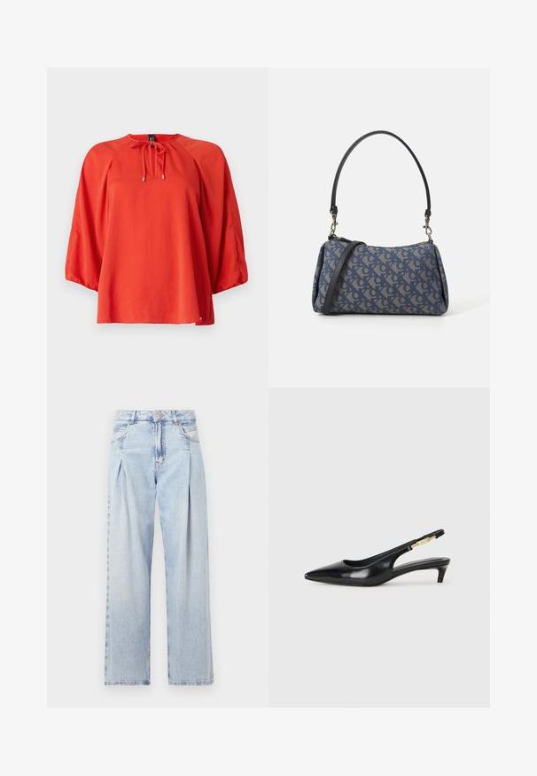 Sarkanais blūze ar apaļu kakla izgriezumu un saitītes detaļu. Aprīkota ar gariem, plašiem piedurknēm un brīvu piegriezumu. Gluda auduma ar vieglu tekstūru.; Gaiši zilas džinsu bikses ar augstu jostasvietu, plats kāju griezumu, divām sānu kabatām un krokotā dizaina akcentiem. Mīksta tekstūra ar izdilušu apdari.; Melnas ādas slingback zābaki ar smailu purngalu, ar šauru papēdi un zelta krāsas akcentu uz regulējama siksniņas. Gluda tekstūra.; Zila ar rakstu somiņa, kas izgatavota no auduma, ar izliekta formu, melnu ādas siksnu un logotipa dizainu gaišākā tonī.