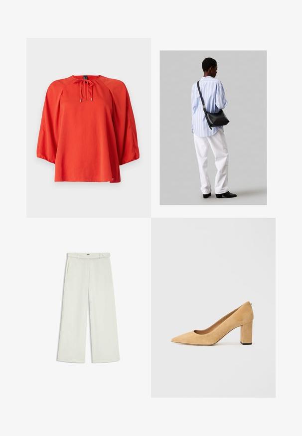 Rote Bluse mit runder Ausschnitt und Bindeband. Verfügt über lange, weite Ärmel und eine lockere Passform. Glattes Gewebe mit einer leichten Textur.; Weite Hose aus zartem Creme-Stoff, mit seitlichen Taschen, flatem Bund und einer Knopfverschluss an der Taille. Glatte Textur.; Beige Wildleder-Pumps mit hohem Absatz, spitz zulaufend und mit einem klobigen Blockabsatz. Das Material hat eine weiche Textur mit einer glatten Oberfläche.; Schwarze Leder-Umhängetasche mit weicher Textur, dreieckiger Form und verstellbarem Tragegurt, kombiniert mit einem hellblauen gestreiften Hemd und weißen Hosen.