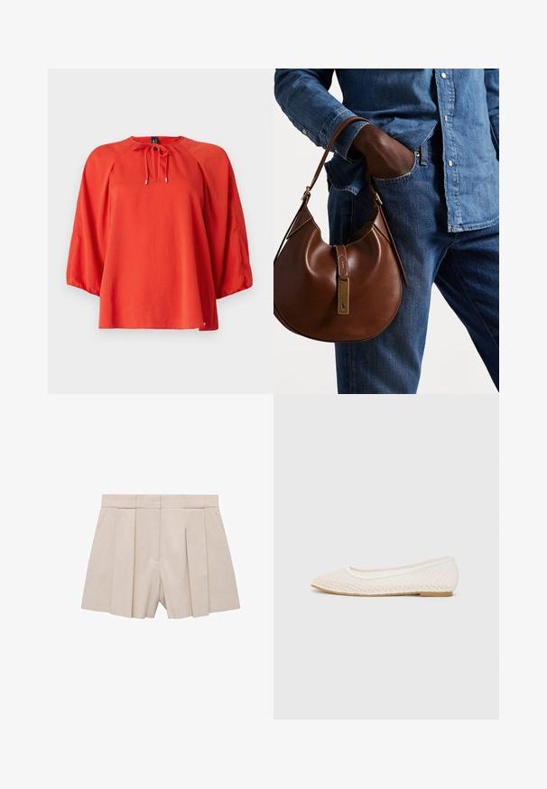 Červená blúzka s okrúhlym výstrihom a viazačkou. Má dlhé široké rukávy a voľný strih. Hladká tkanina s jemnou textúrou.; Bežové plisované šortky s prispôsobeným strihom, so zvýšeným pásom a hladkou textúrou. Štyri predné plisovanie vytvárajú objem. Bez vreciek.; Biele ploché topánky s sieťovaným dizajnom a špicatou špičkou, s nízkou plochou podrážkou. Textúrovaný zvršok so hladkým podšívkou a jemným kontrastným lemovaním.; Hnedá kožená hobo taška s okrúhlym tvarom, so zlatými kovovými akcentmi a kontrastným prešívaním. V kombinácii s džínsovou košeľou a džínsami.