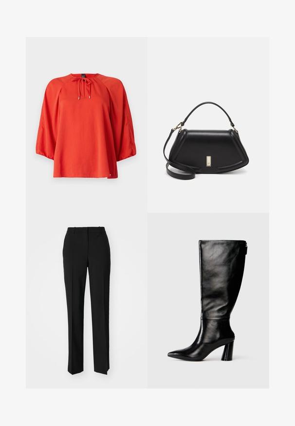 Röd blus med rund halsringning och knyt-detalj. Har långa, vida ärmar och en avslappnad passform. Slät tyg med en lätt textur.; Svarta skräddarsydda byxor med rak benform, med en slät yta och skarpa veck fram. Ingen synlig hårdvara.; Knä-höga svarta läderstövlar med spetsig tå, slät yta och kraftig klack. Har en dragkedjedetalj på baksidan.; Svart läderhandväska med en strukturerad design, som har en avskuren form, ett handtag upptill och guldiga detaljer. Justerbar axelrem ingår.