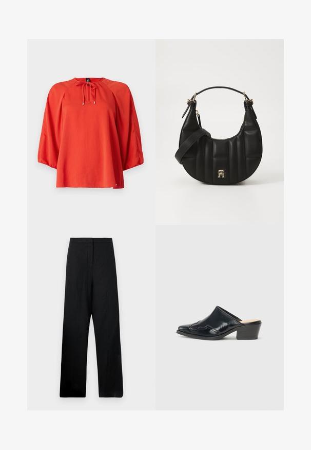 Rote Bluse mit runder Ausschnitt und Bindeband. Verfügt über lange, weite Ärmel und eine lockere Passform. Glattes Gewebe mit einer leichten Textur.; Schwarze weite Hose aus leichtem Stoff. Hat eine glatte Textur, eine hohe Taille und minimale Nähte.; Schwarze Lackleder-Mules mit einer spitzen Zehenpartie, einem geschwungenen Design und einem niedrigen Blockabsatz, der dekorative Nähte entlang des Obermaterials aufweist.; Schwarze Lederhandtasche mit geschwungener Form, gequilteter Textur und goldenen Beschlägen. Sie verfügt über einen abnehmbaren Schultergurt und ein Logodetail.