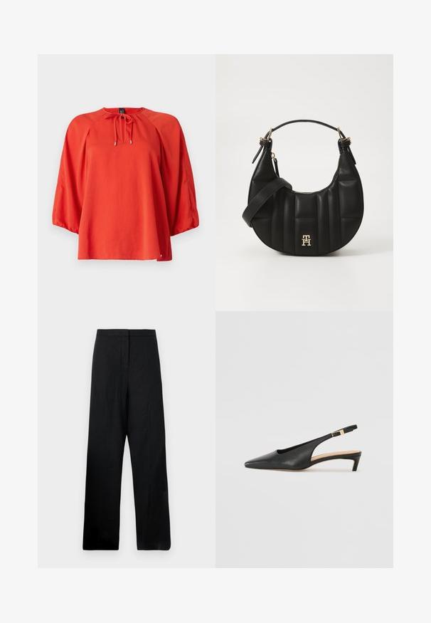 Rød bluse med rundt halsutskjæring og knyte-detajle. Har lange, vide ermer og en avslappet passform. Glatt stoff med en lett tekstur.; Svarte vide bukser laget av et lett stoff. Har en jevn tekstur, høy livhøyde og minimale sømdetaljer.; Svart lær slingback hæl med spiss tå, lav hæl og justerbar ankelrem med en gullfarget spenne. Glatt tekstur.; Svart skinnhåndveske med en buet form, kviltet tekstur og gullhardware. Har en avtagbar skulderrem og logo-detaljer.