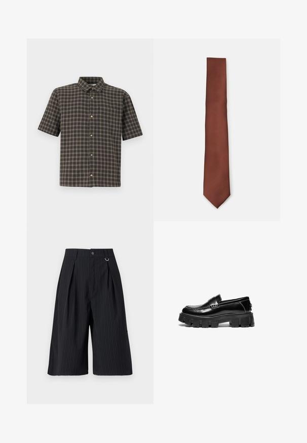 Hollister Co. Boxy Short-Sleeve Plaid Shirt - Krekls - melbourne black; Melnas svītrainas šortas ar krokām, pogu aizdari un metāla gredzena akcentu. Gluda auduma, pielāgota piegriezuma un ceļgala garuma dizains.; Melni ādas loafers ar masīvu gumijas zoli, dekoratīvu siksniņu augšdaļā un kontrastējošu baltu šuvumu. Gluda tekstūra ar noapaļotu purngalu.; Brūns zīda kaklasaite ar diagonālu svītraina tekstūru, sašaurinātu galu un gludu apdari, kas paredzēta formāliem vai profesionāliem gadījumiem.