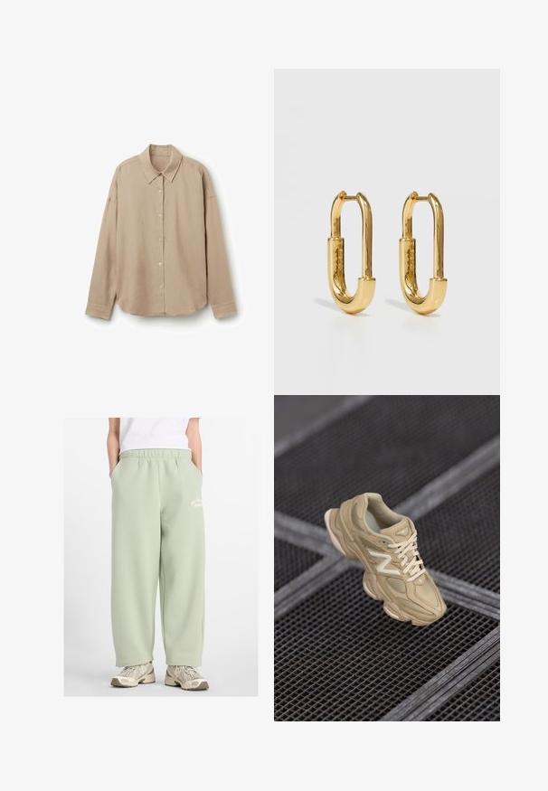 Camisa de manga larga beige hecha de tela ligera, presenta un cuello con solapa, cierre de botones en la parte delantera y dobladillo redondeado. Textura suave, ajuste relajado.; Pantalones de chándal de color verde claro, de corte relajado, con una cintura elástica, que cuentan con bolsillos laterales y un pequeño logo bordado en amarillo pálido.; Zapatilla deportiva beige con materiales de nylon y ante, parte superior texturizada, puntera redondeada, suela gruesa y logo prominente. Cordones en color a juego.; Pendientes de aro de metal dorado con una forma ovalada alargada, que presentan una superficie lisa y pulida, y una pequeña bisagra para el enganche.
