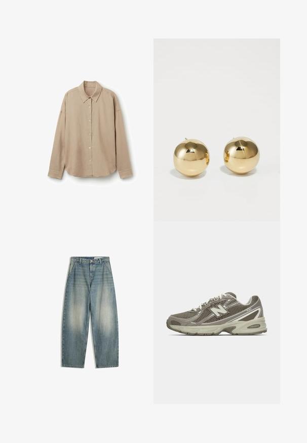Beżowa koszula z długim rękawem, wykonana z lekkiego materiału, posiada kołnierzyk, zapięcie na guziki z przodu oraz okrągły dół. Gładka struktura, luźny krój.; Niebieskie szerokie jeansy w kolorze spranym z przednimi kieszeniami, szlufkami na pasek, zamkiem błyskawicznym i zapięciem na guzik, ułożone płasko na białym tle.; Buty sportowe w szaro-beżowej siateczce z fakturowaną powierzchnią, z amortyzowaną podeszwą, białymi sznurówkami i odblaskowymi srebrnymi akcentami.; Złote okrągłe kolczyki wkrętki o polerowanym wykończeniu i małym słupku. Charakteryzują się gładką teksturą i lustrzaną powierzchnią.