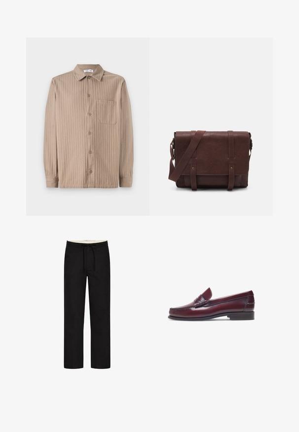 Camicia beige con bottoni, caratterizzata da una texture a righe, dotata di colletto, maniche lunghe e taschino sul petto. Realizzata in tessuto morbido.; Pantaloni neri a gamba dritta con vita elasticizzata, coulisse e design sobrio. Texture del tessuto morbida. Nessun motivo o dettaglio visibile.; Mocassino in pelle bordeaux con punta tonda, dettagli cuciti e un piccolo accentu decorativo sulla tomaia. Suola piatta in contrasto.; Borsa a tracolla in pelle marrone con un davanti piatto, due cinghie, dettagli in metallo dorato e una tracolla regolabile.