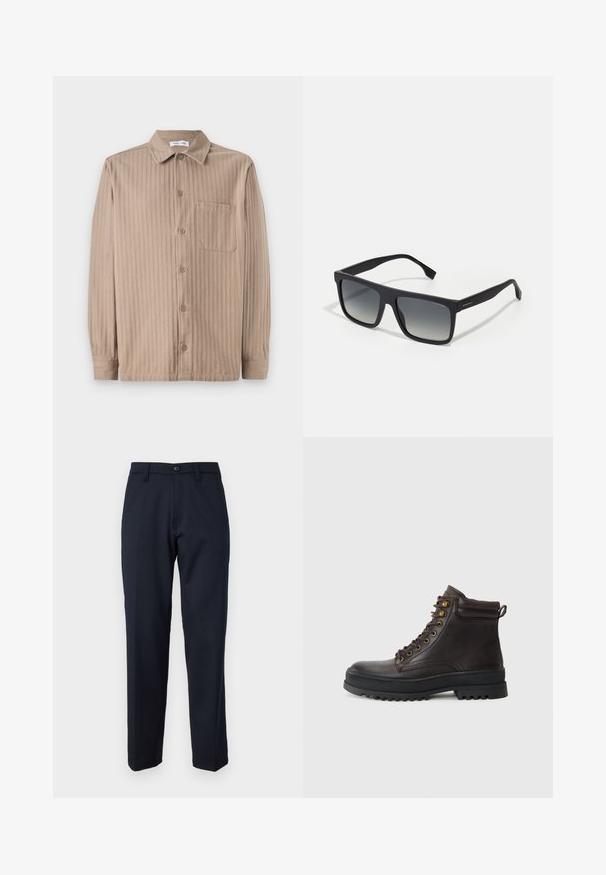 Beige button-up shirt with a striped texture, featuring a collar, long sleeves, and a chest pocket. Made from soft fabric.; Navy blue trousers made of smooth fabric, featuring a front button, straight-leg design, and side pockets. No patterns or embellishments visible.; Brown leather ankle boots feature a rounded toe, textured upper, gold metal eyelets, and a thick black rubber sole for traction.; BOSS Sunglasses - matte black