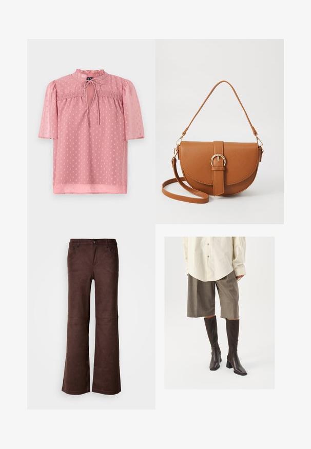 Blouse rose clair avec des manches courtes bouffantes, un col froncé et une texture légère. Présente un décolleté en forme de trou de serrure et un motif à pois sur l'ensemble.; Pantalons évasés marron en tissu doux semblable à du daim. Comprend quatre poches, une fermeture à bouton et une surface lisse et texturée.; Bottes marron hautes jusqu'au genou avec un bout carré et un talon bloc, associées à une chemise beige surdimensionnée et des culottes à carreaux marron.; Sac bandoulière en cuir marron avec une forme incurvée, quincaillerie dorée et un accent en boucle. Comprend une bandoulière détachable.