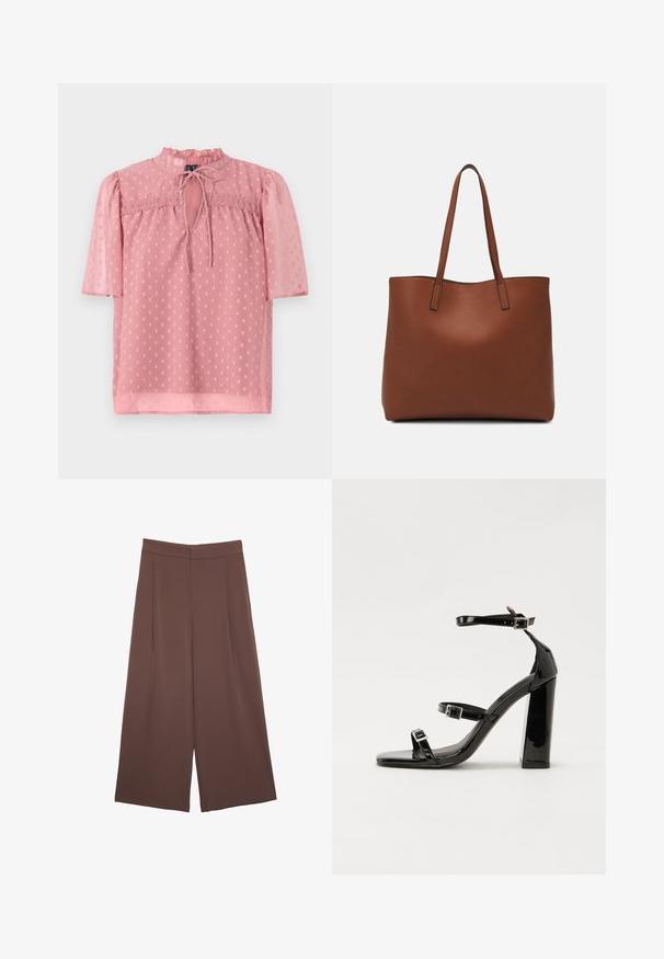 Blusa rosa chiaro con maniche a sbuffo corte, uno scollo arricciato e una texture trasparente. Presenta un'apertura a chiave sul davanti e un motivo a pois su tutto il capo.; Pantaloni ampi marroni con una texture liscia, caratterizzati da una vita alta e pieghe frontali. Il tessuto è leggero e scorre liberamente.; Sandali con tacco in vernice nera, con punta squadrata, cinturini alla caviglia e fibbie in argento. Presentano un tacco a blocco spesso per maggiore stabilità.; Borsa tote in pelle marrone con texture liscia, design con apertura superiore e due spallacci. Presenta cuciture minime e nessun hardware visibile.