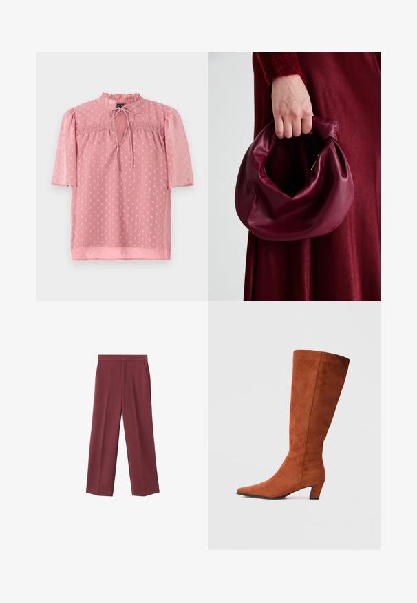 Blusa rosa claro con mangas cortas abullonadas, un escote con volantes y textura translúcida. Presenta un delantero con abertura en forma de llave y un patrón de lunares en toda su superficie.; Pantalones de pierna ancha color burdeos con una textura suave, que cuentan con bolsillos laterales y un diseño de cintura alta. Con un pliegue frontal limpio.; Bota alta de ante marrón hasta la rodilla con punta afilada y un pequeño tacón cuadrado, que presenta una textura suave y un diseño minimalista.; Bolso de cuero burdeos con un diseño suave y recogido y una forma redondeada. La asa está asegurada, mostrando una textura lisa.