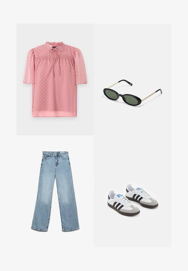 Helles rosa Bluse mit kurzen Puffärmeln, einem fransigen Ausschnitt und transparenter Textur. Verfügt über einen Schlüssellochausschnitt vorne und ein durchgehendes Punktmuster.; Hellblaue, weit geschnittene Jeans aus Denim, mit einem klassischen Fünf-Taschen-Design und geradem Schnitt, mit minimalen Ausbleichungen an den Beinen.; Sportschuhe mit einem Obermaterial aus weißem Leder, grauer Wildleder-Zehenkappe und drei schwarzen Streifen. Sie verfügen über ein blaues Logo auf der Zunge und eine strukturierte Gummisohle.; Sonnenbrille mit ovalem Rahmen, grünen Gläsern, schwarzer Kunststofffront und dünnen goldenen Metallbügeln. Minimalistisches Design mit glatter Textur.