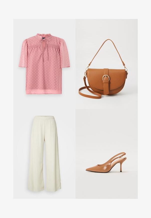 Svijetloroza bluzica s kratkim napufanim rukavima, volanastim izrezom i prozirnom teksturom. Ima otvor u prednjem dijelu i uzorak s točkicama kroz cijelu bluzicu.; Pantalone širokih nogavica od teksturirane kreme tkanine. Ima elastičan pojas i lepršavu siluetu. Pogodni su za svakodnevno nošenje.; Sandal s petom u obliku šiljastog prsta od glatkog, sjajnog smeškastog materijala. Ima zakrivljeni izrez i vitku štiklu. Detalj s srebrnom kopčom.; Smeđa kožna torba preko tijela s zakrivljenim oblikom, zlatnim metalnim detaljima i naglaskom na kopču. Ima odvojivu naramenicu.