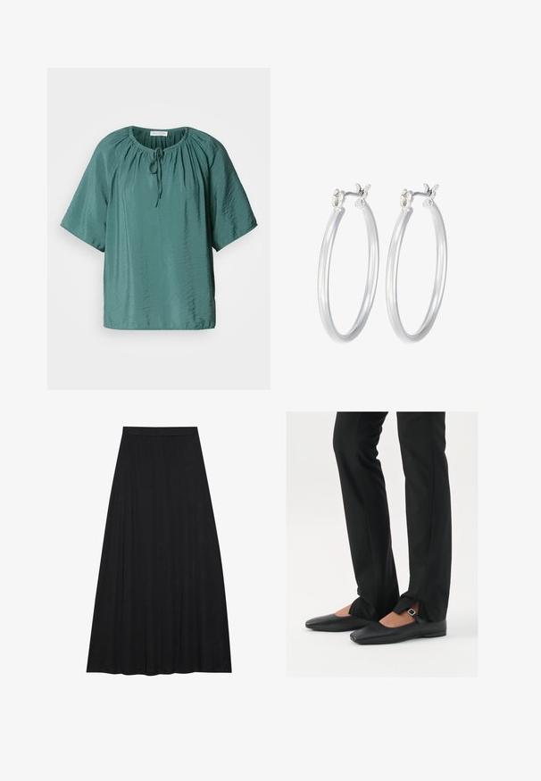 Teal kortærmet bluse med rund halsudskæring, justerbar snor og let krøllet tekstur. Letvægtsstof med afslappet pasform.; Sort maxi nederdel lavet af blødt, flydende stof. Den har en elastisk talje og en fuld A-linje silhuet med en glat tekstur.; Sorte læder balletflade sko med spids tå, rem med sølvspænde, parret med sorte skræddersyede bukser med slids i bunden.; Sølv hoop øreringe med en glat, poleret overflade. Rund form og sikker klik-lukning. Letvægtsdesign, der er velegnet til hverdagsbrug.