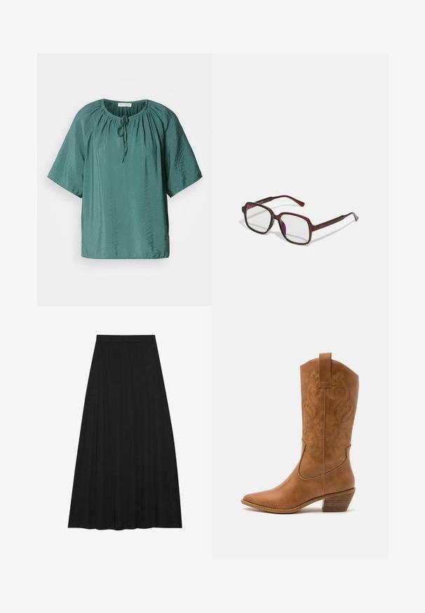 Teal kortmouw blouse met een ronde halslijn, verstelbare koord, en een licht gekreukt textuur. Lichte stof met een ontspannen pasvorm.; Zwarte maxi rok van zacht, vloeiend materiaal. Het heeft een elastische taille en een volle, A-lijn silhouet met een soepele textuur.; Tan leren cowboylaars met puntige neus, geborduurde spiraalpatronen op de schacht en een gestapelde blokhak. Voorzien van een trekband voor gemakkelijke aan- en uittrekken.; Bruine, rechthoekige bril met transparante glazen en paarse tinten. Glad kunststof montuur met rechte pootjes en subtiele accenten.; Bordeaux vegan leren schoudertas met twee stevige handvatten, voorzien van een bijpassend ritszakje met kwastaccent. Gladde, gestructureerde afwerking.; Zilveren oorbellen in de vorm van een gladde, gepolijste ring. Ronde vorm met een veilige kliksluiting. Lichtgewicht ontwerp, geschikt voor dagelijks gebruik.