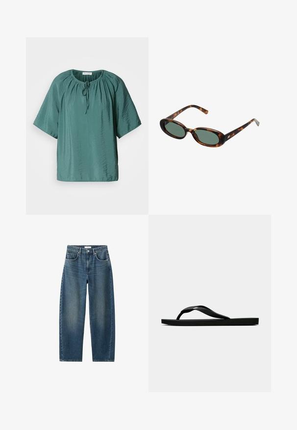 Blusa corta teal a maniche corte con scollatura tonda, cordoncino regolabile e texture leggermente stropicciata. Tessuto leggero con vestibilità morbida.; Jeans in denim blu scuro con gamba dritta, design a cinque tasche e chiusura con bottone classica. Texture morbida con leggera scoloritura.; Infradito in gomma nera con cinturino testurizzato e suola piatta semplice, mostrati di lato su uno sfondo chiaro e uniforme.; Occhiali da sole tartarugati con montatura ovale e lenti verdi. Presentano aste sottili con un accento metallico vicino alle cerniere.; Borsa a tracolla gialla intrecciata con manico curvo e forma non strutturata. La superficie testurizzata presenta un motivo a incrocio.; Orecchini in metallo argento con un design ondulato e scultoreo, caratterizzati da una finitura lucida e forme irregolari, che evidenziano un'estetica contemporanea.