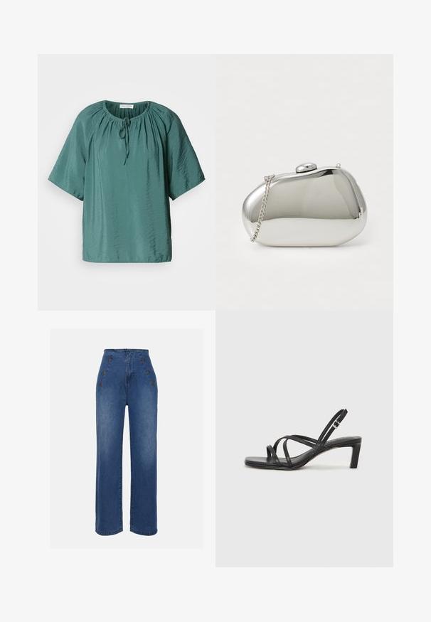 Blusa corta teal a maniche corte con scollatura tonda, cordoncino regolabile e texture leggermente stropicciata. Tessuto leggero con vestibilità morbida.; Jeans in denim a vita alta di un blu medio. Presentano dettagli con bottoni frontali e un design a gamba ampia. Il tessuto ha una texture liscia con un leggero sbiadimento.; Sandalo nero con cinturini, dalla punta squadrata e tacco basso a blocco. Presenta diversi cinturini sottili e una cinturini regolabile alla caviglia. Realizzato in pelle liscia.; Borsa a tracolla in metallo argentato con forma arrotondata e liscia. Presenta una chiusura a gancio e una tracolla removibile. Superficie riflettente senza motivi.
