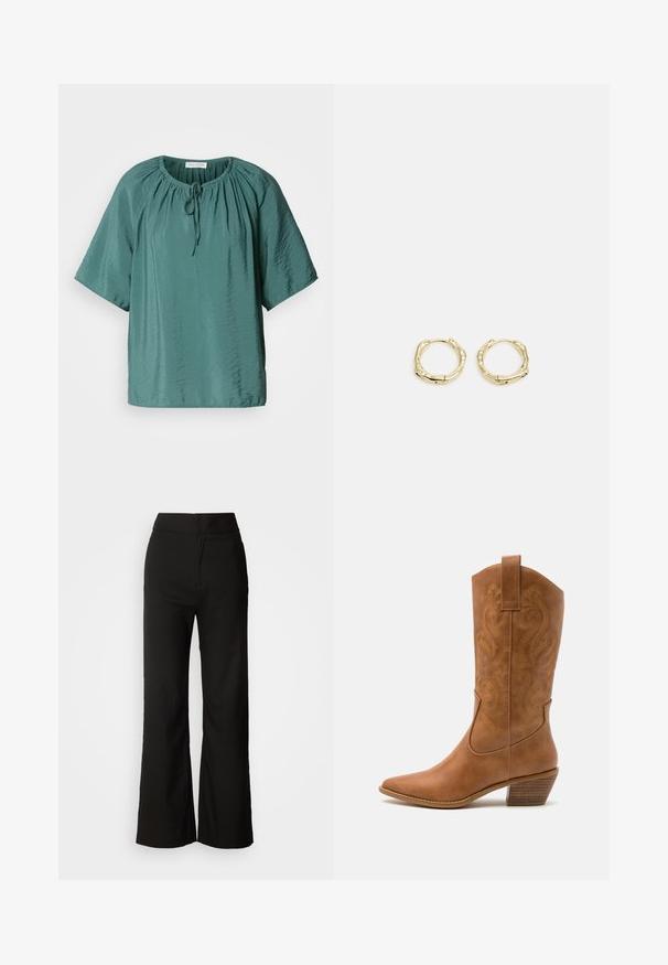 Tirkizna bluzica s kratkim rukavima s okruglim izrezom, podesivom vezicom i blago naboranom teksturom. Lagani materijal s ležernim krojem.; Crne široke hlače s glatkom teksturom, visokim strukom i jednostavnim dizajnom. Bez vidljivih džepova ili ukrasa.; Smeđe kožne kaubojke s oštrim nosom, izvezenim spiralnim uzorcima na gornjem dijelu i blok petom. Imaju potporu za lakše obuvanje.; Zlatne okrugle naušnice s teksturiranim, nepravilnim oblikom. Imaju nevidljivo zatvaranje i polirani završni sloj, što naglašava moderan dizajn.