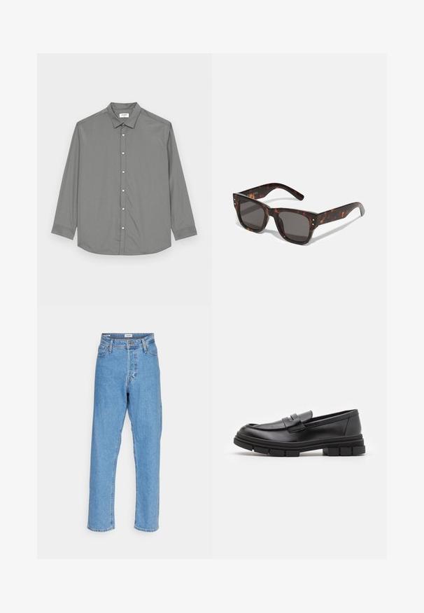 Jack & Jones JJJOE PLAIN NOOS - Majica - castor gray; Svijetloplave traperice s visokim strukom i ravnim nogavicama, s prednjim gumbom, zatvaranjem na zatvarač, petljama za remen i dizajnom s pet džepova na bijeloj pozadini.; Crni kožni loafers s glatkom završnom obradom, s detaljem prednjeg remena i debelim gumenim potplatom s urezanim akcentima.; Naočale od kornjačevine s tamnim lećama, kvadratnim okvirom i srebrnim dekorativnim češljićima sprijeda. Izrađene su od plastike, lagane i izdržljive.
