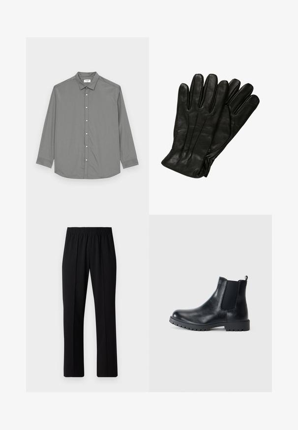 Jack & Jones JJJOE PLAIN NOOS - Overhemd - castor gray; Zwarte, elastische broek met rechte pijpen, met een gladde textuur en zonder zichtbare patronen of hardware.; Zwarte leren Chelsea-boots met elastische zijpanelen, ronde neus en rubberen antislipzool. Minimalistisch design met een aantreklabel.; Zwarte leren handschoenen met een gladde textuur, vijf vingers en subtiele stiksels. Klassiek ontwerp, geschikt voor gebruik in koud weer.