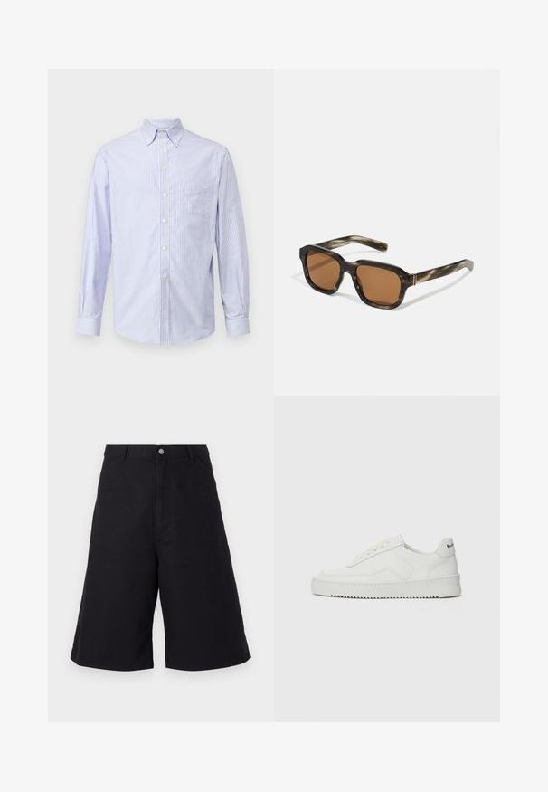 Lys blå og hvid stribet langærmet skjorte med knap-krave, brystlomme og knaplukning, lavet af stof med en glat tekstur.; Icecream JUMBO RUNNING DOG - T-shirts print - black; Sorte bomuldsbukser med lige snit, der har forlommer, knaplukning og en tekstur, der er velegnet til afslappet brug.; Hvide lædersneakers med en glat overflade, rund tå, flade snørebånd og en tekstureret sål. Har et diskret logo på hælen.; Plastik solbriller med skildpadde mønster, oktagonale brune linser og tynde guldfarvede detaljer på stellet.