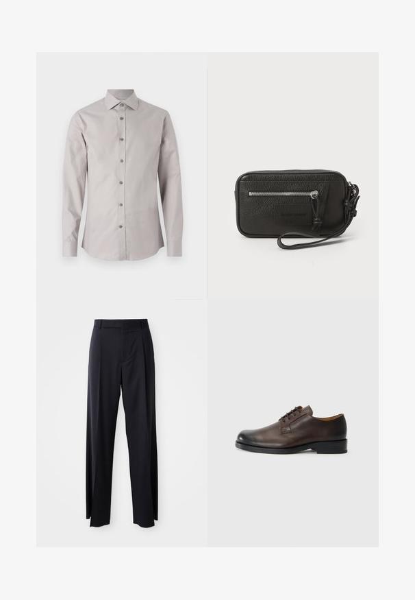 Svetlo siva košulja s dugim rukavima i klasičnom kragnom, koja se zatvara s odgovarajućim sivim dugmadi. Glatka tkanina i prilagođeni kroj.; Črne hlače visoke pasu s širokimi nogavicami, narejene iz gladkega blaga. Imajo sprednje gube in zanko za pas. Minimalističen dizajn, brez vidnih dodatkov.; Rjave usnjene čevlje z zaobljenim nosom, nizko peto, vezalnim dizajnom in gladko površino. Imajo minimalne šive in sijajno končno obdelavo.; Črna usnjena torbica s teksturirano površino, sprednjim žepom z zadrgo in odstranljivo zapestnico. Ima logotip na sprednji strani. Pravokotna oblika.