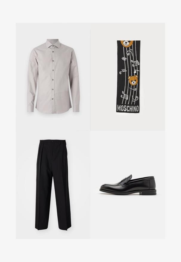 Lichtgrijs overhemd met knoopsluiting, een klassieke kraag, lange mouwen en bijpassende grijze knopen. Gladde stof en een getailleerde pasvorm.; Zwarte geplooide broeken met een rechte, brede pijpontwerp. Gemaakt van soepele stof, met een knoopsluiting en riemlussen.; Zwarte leren instappers met een gladde textuur, ronde neus en een decoratieve band over de wreef. Lage, gestapelde hak en minimalistisch ontwerp.; Zwarte gebreide sjaal met twee bruine berenhoofden, muzieknoten en de tekst "MOSCHINO" in het wit aan de onderkant. Zachte textuur met gedetailleerd ontwerp.