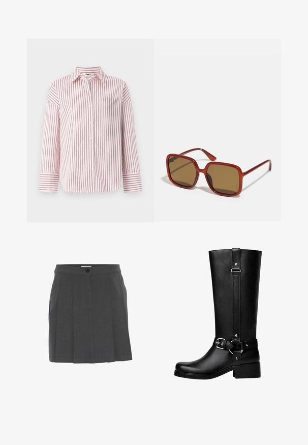 Koszula z długim rękawem zapinana na guziki w jasnoróżowe i ciemnoczerwone paski, wykonana z miękkiego materiału, z tradycyjnym kołnierzykiem i mankietami.; Szara plisowana spódnica z paskiem w talii, z przodu zapinana na guziki. Wykonana z teksturowanej tkaniny, zaprojektowana z myślą o dopasowanym kroju.; Wysokie czarne buty z faux skóry, z okrągłym noskiem, detalem klamry na pasku oraz grubym obcasem. Gładka tekstura i pionowa szew na cholewie.; Czerwone okulary przeciwsłoneczne w kwadratowym kształcie z brązowymi szkłami. Grube, błyszczące oprawki i smukłe zauszniki z drobnymi detalami po bokach dla większej atrakcyjności wizualnej.; Brązowa torba typu tote wykonana z gładkiego materiału, z dużą przednią kieszenią, dwoma uchwytami i uproszczonym, strukturalnym designem.