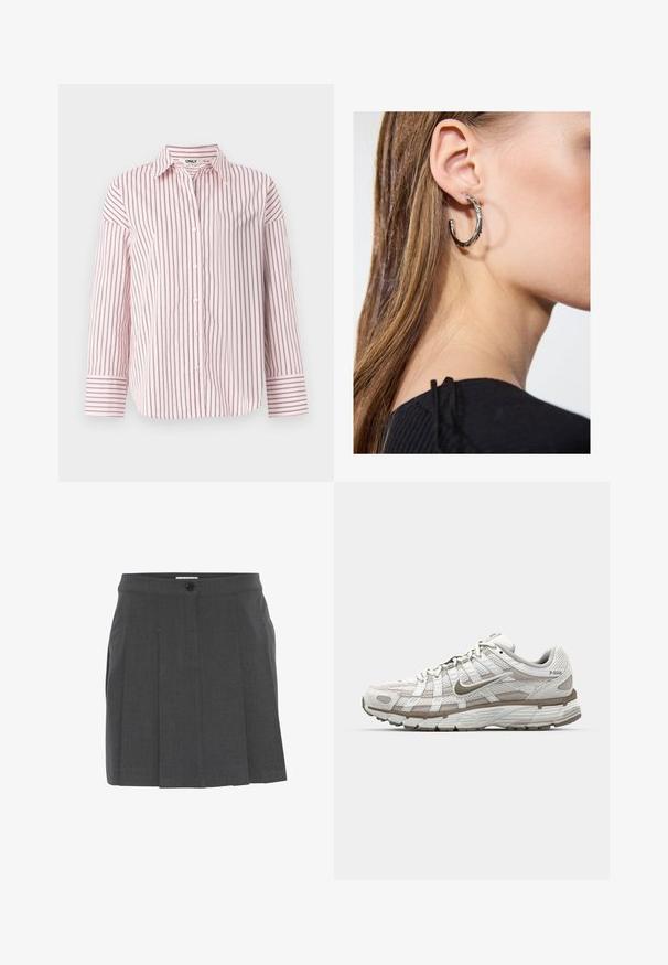 Long-sleeve button-up shirt in light pink and dark red stripes, made of soft fabric with a traditional collar and cuffed sleeves.; Gray pleated skirt with a waistband, featuring a front button closure. Made of textured fabric, designed for a tailored fit.; White athletic shoe with mesh upper, light brown accents, and a cushioned sole. Features a lace closure and text on the side.; Silver hoop earring with a polished finish, featuring small gold accent details and a round shape, worn on the lobe.