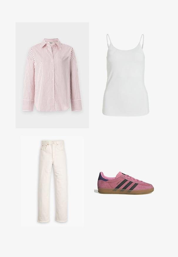 Hosszú ujjú, gombos ing világos rózsaszín és sötétpiros csíkokkal, puha anyagból, hagyományos gallérral és felhajtott ujjal.; Fehér, sima anyagból készült topp, vékony pántokkal és egyszerű, díszítések nélküli dizájnnal.; Fehér farmeregyenes lábszárral, öt zsebes stílusban, réz hardver díszítéssel. Nyers szegés a bokáknál.; Rózsaszín velúr sportcipő fekete csíkkal, gumi talppal és texturált lila sarokkal. Fűzős kialakítással és a márka dombornyomott logójával az oldalon.