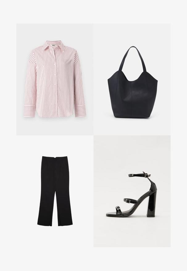 Camicia a maniche lunghe con bottoni in rosa chiaro e strisce rosso scuro, realizzata in tessuto morbido, con colletto tradizionale e maniche con polsini.; Pantaloni neri a gamba dritta, con tasche frontali e spacchi laterali all'orlo. Realizzati in tessuto morbido e liscio. Adatti a diverse occasioni.; Sandali con tacco in vernice nera, con punta squadrata, cinturini alla caviglia e fibbie in argento. Presentano un tacco a blocco spesso per maggiore stabilità.; Borsa tote nera realizzata in pelle liscia, con una parte superiore curva e aperta, dotata di due manici per spalla e un design minimalista.