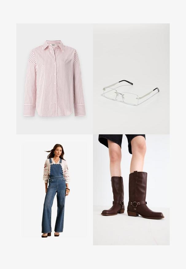 Košile s dlouhým rukávem a knoflíky v světle růžových a tmavě červených pruzích, vyrobená z měkké tkaniny s tradičním límcem a manžetami.; Džínové šortky s vlnkovým designem na přední části, rozšířenými nohavicemi a bočními kapsami. V kombinaci s bílou vyšitou blůzou a dřevěnými doplňky.; Hnědé kožené vysoké boty ke kolenům s kulatou špičkou, texturovaným povrchem, řemínkem kolem kotníku a detailem ze stříbrného kovu; na podpatku.; Obdélníkové brýle s průhlednými skly, s tenkým stříbrným kovovým rámečkem a černými acetátovými koncovkami. Obsahují minimální komponenty pro elegantní design.; Hnědá kožená kabelka s geometrickým designem, vybavená horním uchy a mosaznými zipovými detaily. Logo je vyraženo na boku.