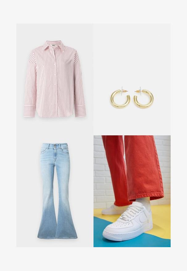 Dlhý rukáv, zapínanie na gombíky, košela svetloružových a tmavooranžových pruhov, vyrobená z mäkkej látky s klasickým golierom a manžetami.; Svetlomodré zvonové jeansy vyrobené z denimu. Majú vysoký pás s dvoma gombíkmi a jemným vyblednutím smerom k spodnému okraju. Klasický dizajn s piatimi vreckami.; Biele kožené tenisky s perforovanou špičkou, textúrovanou podrážkou a bielymi šnúrkami, spárované so širokými červenými nohavicami na modrom a žltom pozadí.; Zlaté kruhové náušnice s hladkým, lesklým povrchom. Cirkulárny dizajn s malým steblom a jasným záznamom pre bezpečné nosenie.