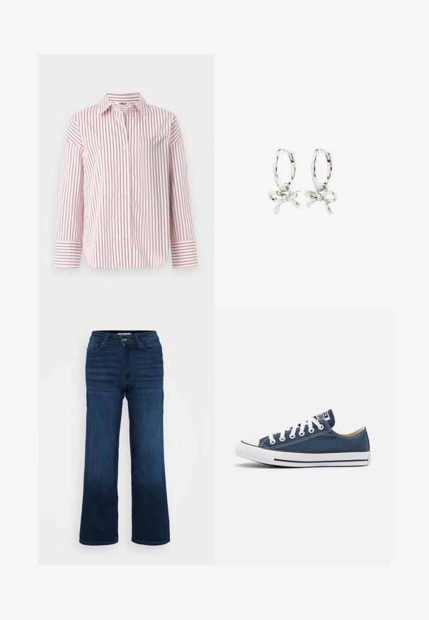 Pikkade varrukatega nööbiga särk helesiniste ja tumepunaste triipudega, valmistatud pehmest kangast traditsioonilise krae ja mansettidega varrukate poolest.; ONLY Petite ONLMADISON BLUSH WIDE - Wide leg - dark blue denim; Tumesinised kanvasjalatsid valge silmade ja paeltega, millel on valge kummist varbakiirus ja must triibuline jooneäär. ; Hõbedased rõngas kõrvarõngad, millel on lipsu kujundus, sile viimistlus ja läikiv tekstuur. Kompaktne, minimalistlik stiil, sobib erinevateks juhtudeks.