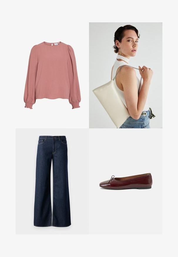 Σατέν ροζ μπλούζα με μακριά μανίκια φτιαγμένη από υφασμάτινη υφή. Διαθέτει στρογγυλή λαιμόκοψη, πτυχές στους μανίκια και σφιχτούς καρπούς. Κλείσιμο με κουμπιά στο πίσω μέρος.; Φαρδιά τζιν παντελόνια σε σκούρο μπλε τζιν. Διαθέτουν αντίθεση στη ραφή, πέντε τσέπες και κλείσιμο με κουμπί στη μέση. Λείο υλικό.; Μπορντό παρθένα δερμάτινα μπαλαρίνες με στρογγυλή μύτη, μικρή διακόσμηση φιόγκου στο μπροστινό μέρος και χαμηλή, μαύρη καουτσούκ σόλα. Λείος υφής.; Λευκή ορθογώνια τσάντα συμπλέκτη, φτιαγμένη από γυαλιστερό υλικό, με ασημένια αλυσίδα. Το μοντέλο ποζάρει, επιδεικνύοντας την τσάντα σε απλό φόντο.