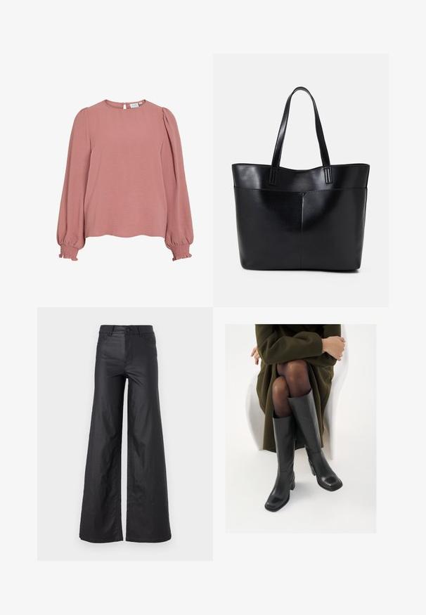 Dugi rukav ružičasti top od teksturirane tkanine. Ima okrugli izrez, nabirane puf rukave i elastične manšete. Zatvaranje na dugmad na leđima.; Crne široke hlače od umjetne kože. Imaju visoki struk, petlje za remen, dva prednja džepa i šivanu obradu.; Čizme od crne kože do koljena sa četvrtastim vrhom i blok petom, prikazane s manekenkom koja sjedi u maslinasto zelenom kaputu. Glatka tekstura, minimalni detalji.; Crna kožna torba s dugim ručkama, glatkom teksturom i strukturiranim oblikom. Ima prednju džep za dodatno pohranu.
