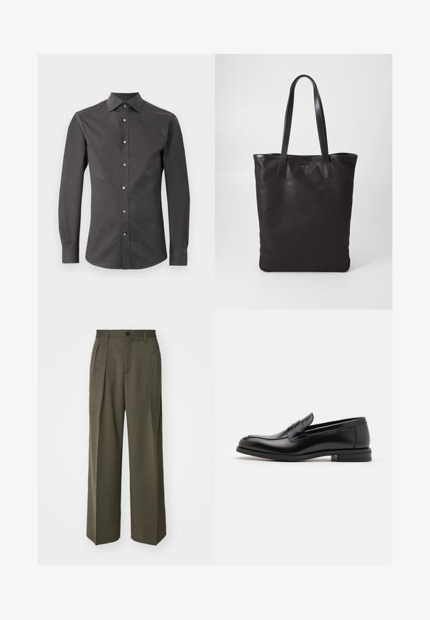 Musta harmaa pitkähihaisen paita, joka on valmistettu sileästä kankaasta ja jossa on terävä kaulus, etupainikeet ja istuva malli. Ei kuvioita tai koristeita.; Filippa K WIDE TROUSERS - Housut - driftwood; Mustat nahkakengät, joissa on sileä pinta, pyöreä kärki ja koristeellinen nauha jalkapöydän yli. Matala pinoitu koroke, minimalistinen muotoilu.; Mustat kangaskassit mustilla nahkahandleilla. Yksinkertainen muotoilu, tilava runko ja sileä pinta. Ei näkyviä logoja tai kuvioita.