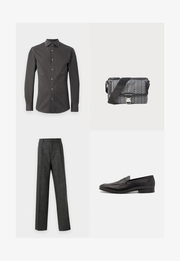 Dark gray long-sleeve shirt made of smooth fabric featuring a pointed collar, front buttons, and fitted design. No patterns or accents present.; Gray tailored trousers made of textured fabric, featuring two front pleats and a straight-leg design. No visible pockets or embellishments.; Black leather loafers with a sleek design, rounded toe, and low stacked heel. Features a decorative stitched detail on the upper.; Black and gray patterned crossbody bag featuring a geometric design, zip closure, and a silver-tone hardware accent. Adjustable strap included.
