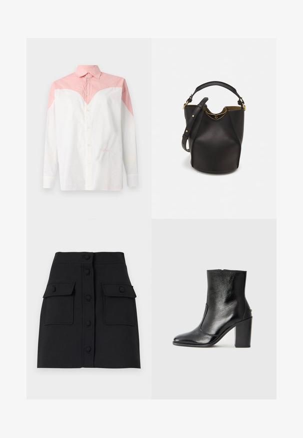 White shirt with pink gradient yoke, long sleeves, button-up front, soft cotton material, featuring small embroidered text on the lower side.; Black mini skirt made of textured fabric featuring a front button closure, two flap pockets, and a fitted silhouette.; Black leather ankle boot with a smooth texture, pointed toe, and a chunky high heel. Features a side opening and minimalistic design.; Black leather bucket bag with a textured finish, gold hardware accents, and an open top. Features a short handle and adjustable shoulder strap.